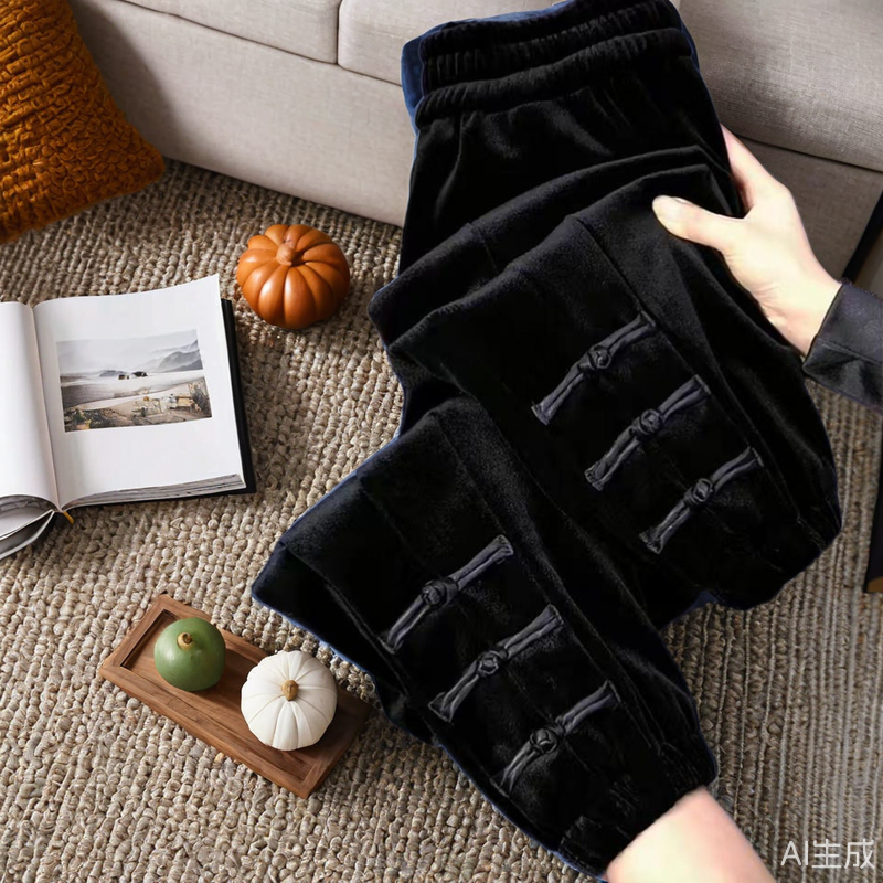 新中式加绒哈伦裤女春秋冬款新款显瘦休闲裤国风盘扣加厚丝绒裤子