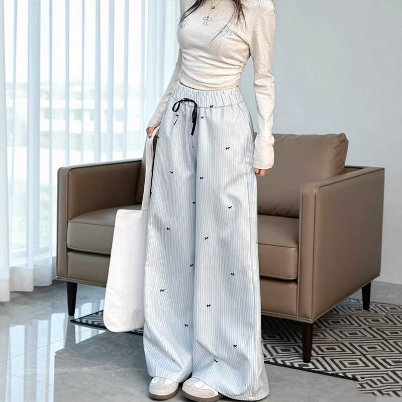 韩系蓝色清新条纹阔腿裤女春夏新款小个子直筒休闲裤设计感领带夹图片
