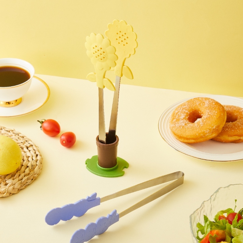 日式花朵不锈钢食物夹带底座创意家用烘焙面包夹沙拉夹烤肉烧烤夹