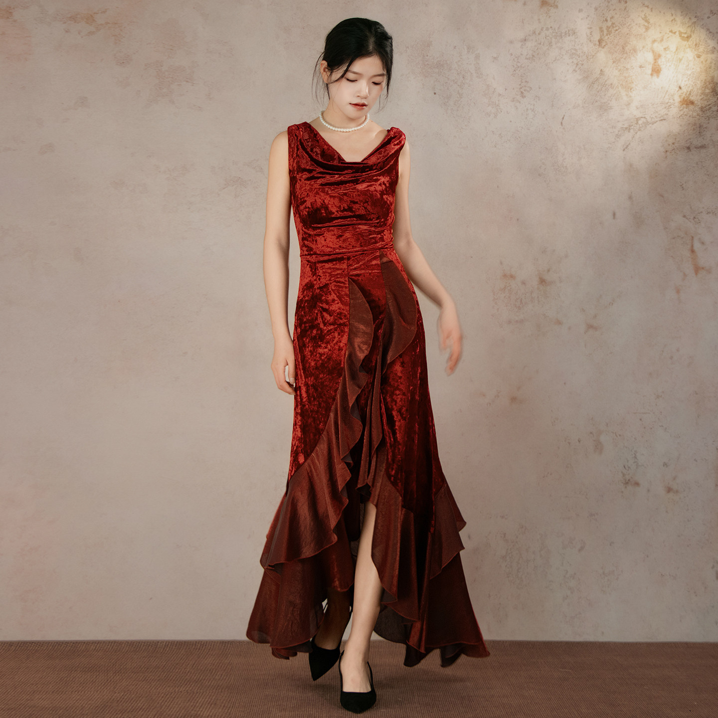 复古优雅丝绒荷叶边轻礼服连衣裙