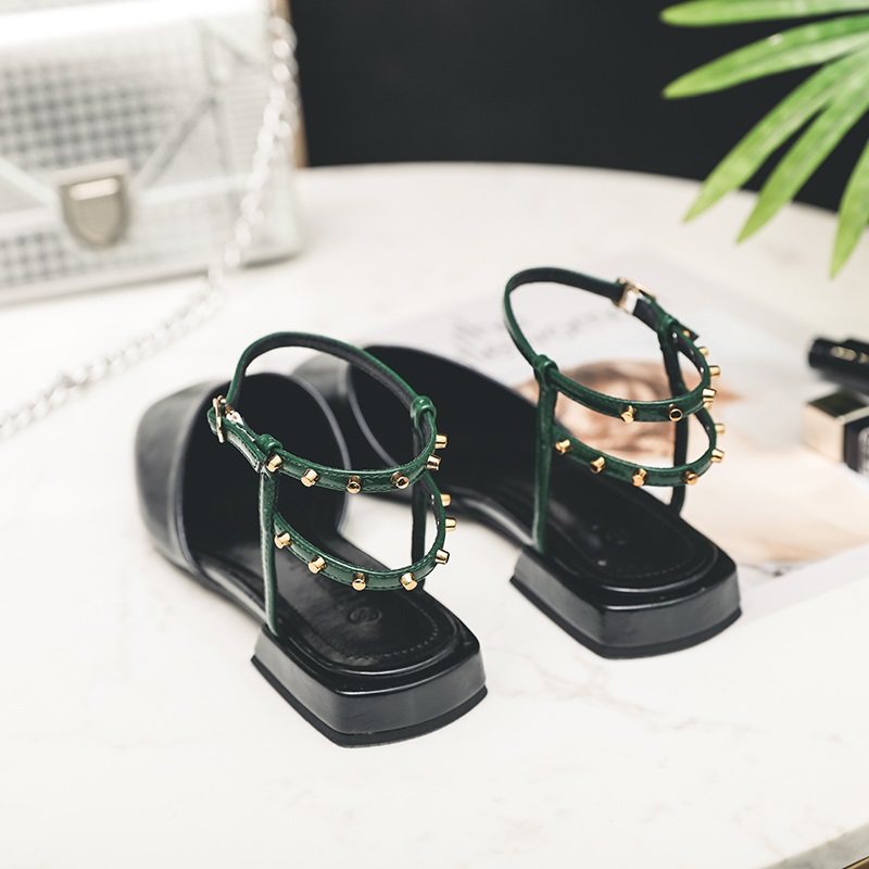 Low-heel fairy Single shoes Flat bottom Sandals 2021 new pattern Versatile Baotou Rome Sandals Square rivetin the Women's Shoes, Sandals  category - from Buy2taobao.com to provide professional Taobao agent buy service