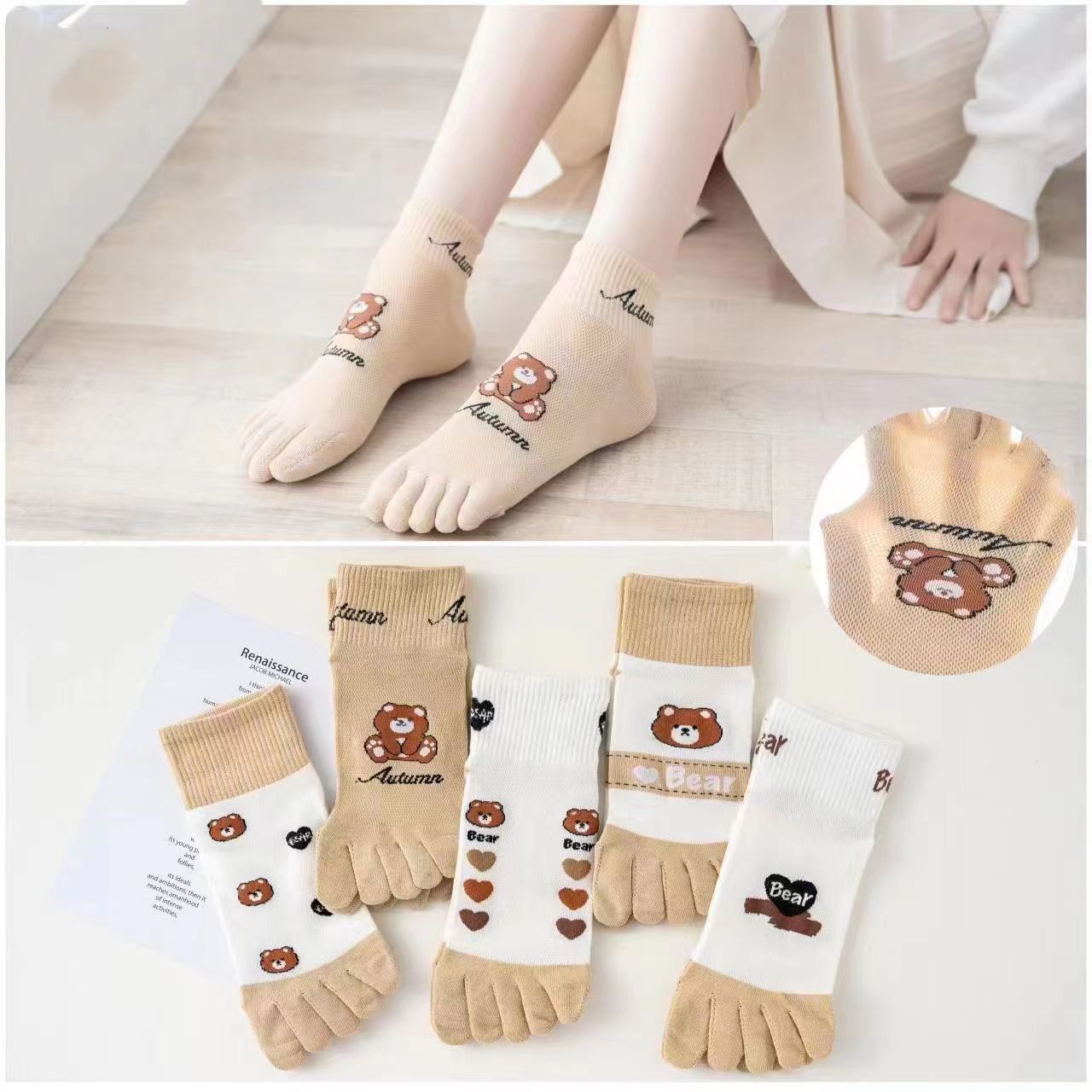 Five-Toe Socks, Cotton Socks, Women's Short Socks, Summer Thin Style, All-Cotton, Odor-Resistant, Sweat-Absorbent, Breathable, Cartoon, Japanese Style, Cute Ly