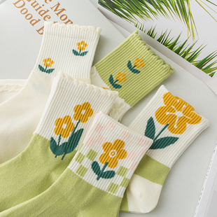 中筒袜子女棉袜中筒春秋款 绿色小花ins潮流百搭学生学院风运动袜