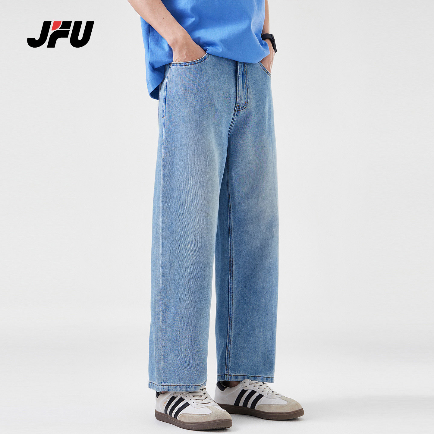 JFU潮牌 春季新款美式复古水洗九分牛仔裤男宽松直筒阔腿休闲长裤