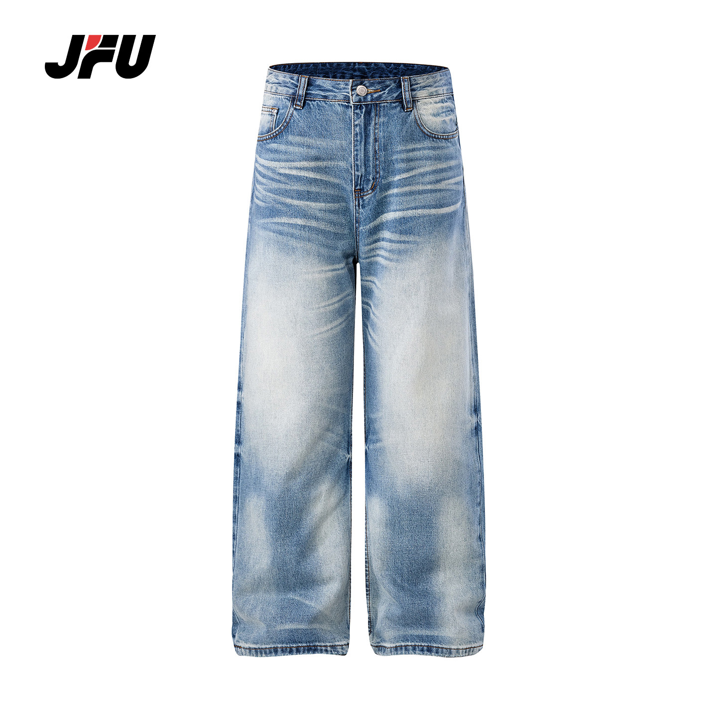 JFU潮牌 美式复古高街水洗做旧牛仔裤男宽松阔腿直筒垂感休闲长裤