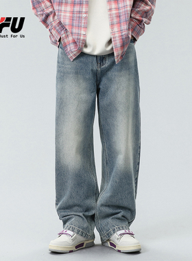 JFU 美式复古高街牛仔裤男生韩版宽松直筒阔腿长裤子男款秋冬款