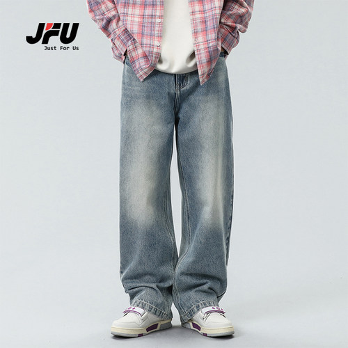 JFU 美式复古高街牛仔裤男生韩版宽松直筒阔腿长裤子男款春秋款