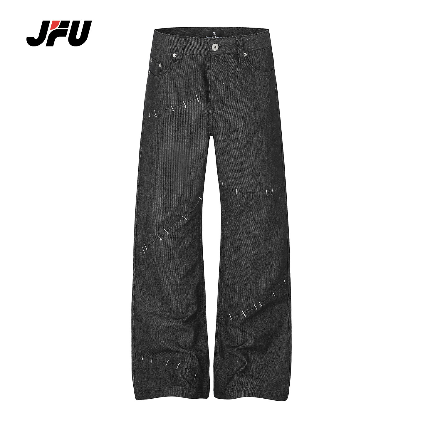 JFU潮牌复古拼接直筒牛仔裤