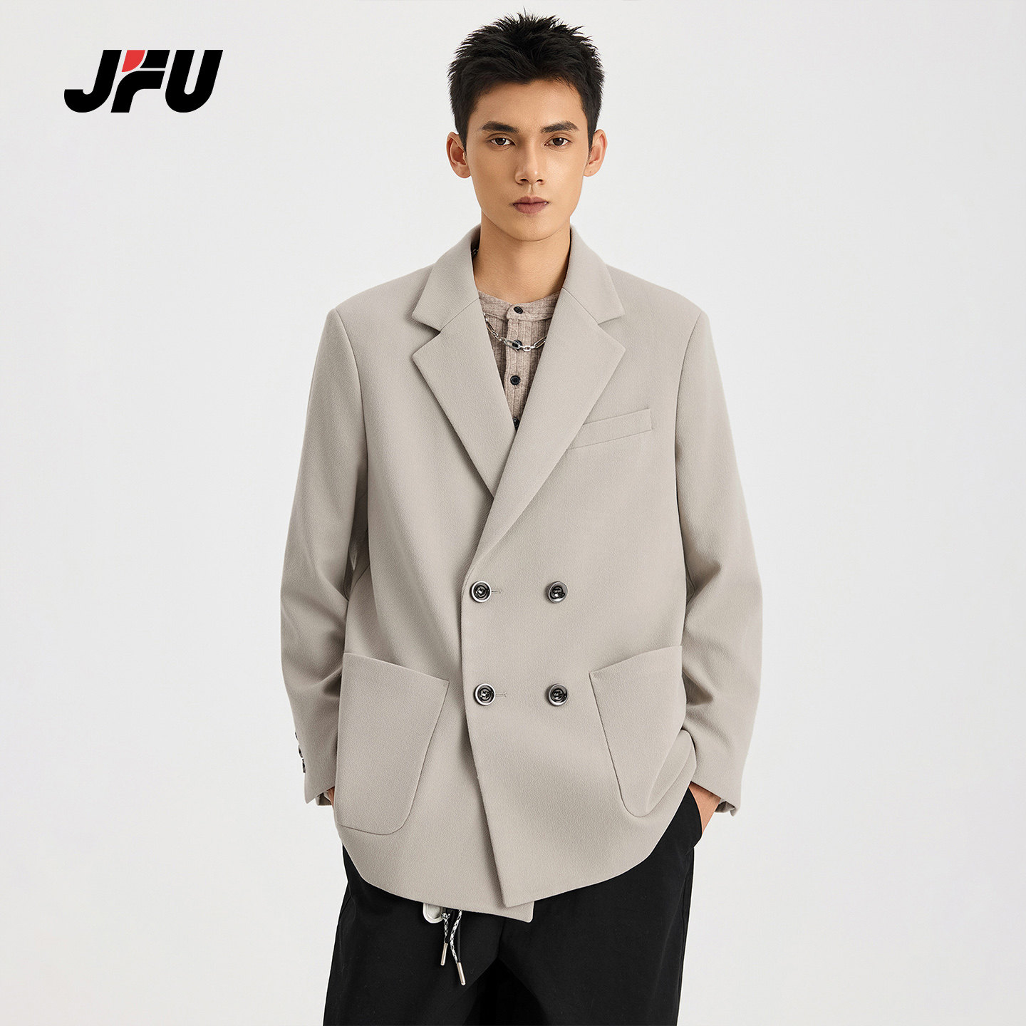 JFU潮牌 秋冬新款双排扣宽松休闲西服外套男款通勤长袖西装上衣