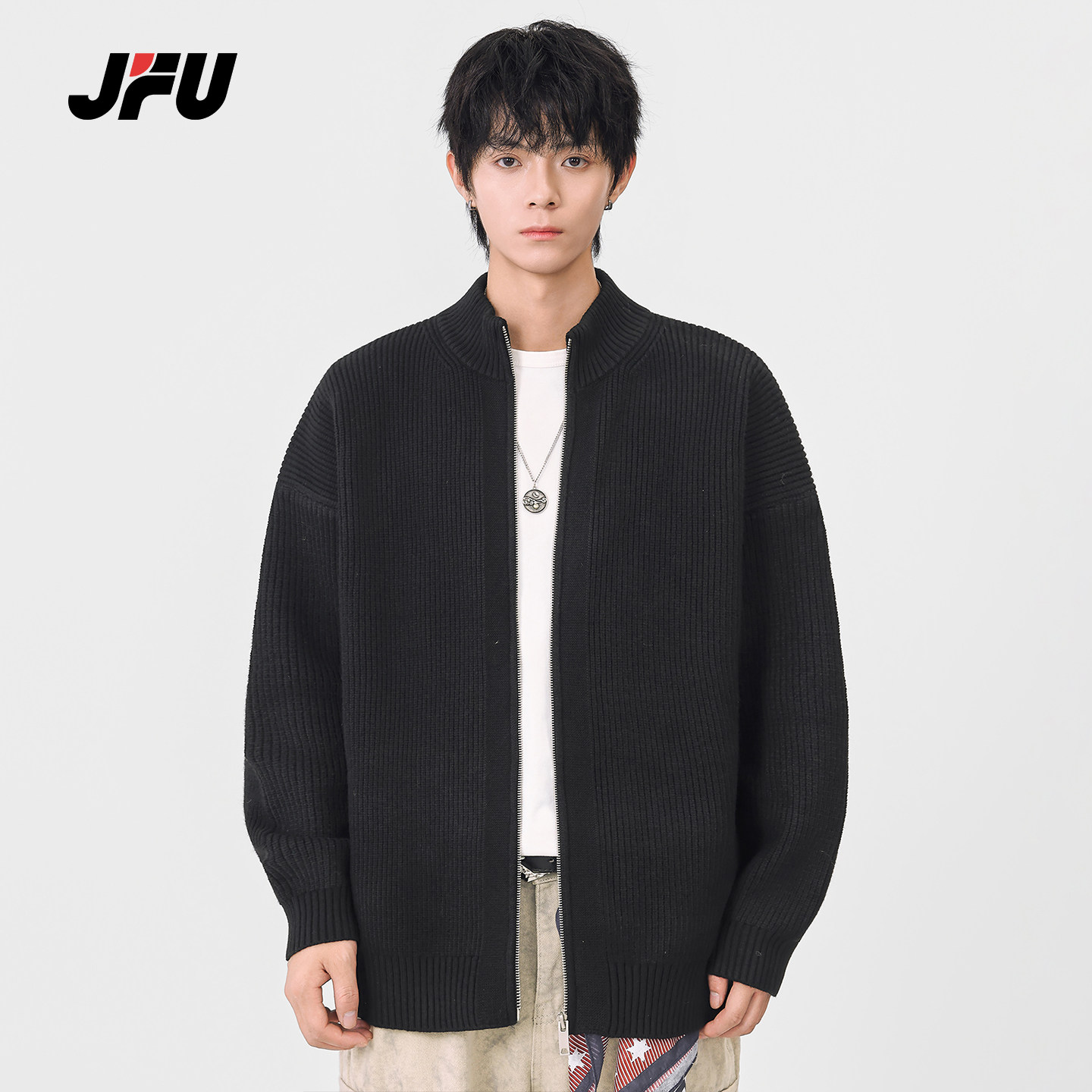 JFU潮牌 秋冬新款美式复古纯色圆领针织开衫男款宽松休闲毛衣外套