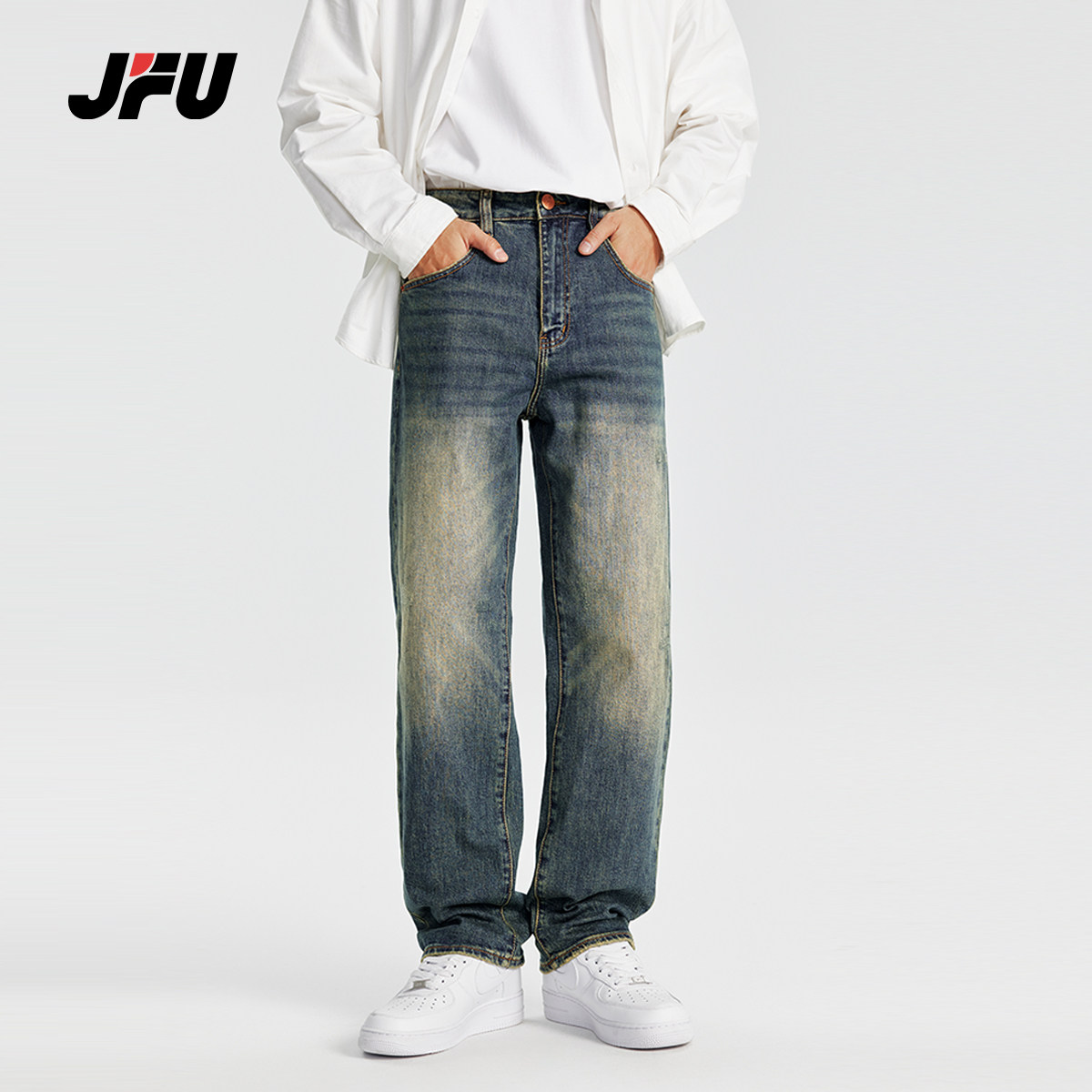 JFU 美式cleanfit休闲直筒牛仔裤男水洗复古高街宽松阔腿拖地长裤