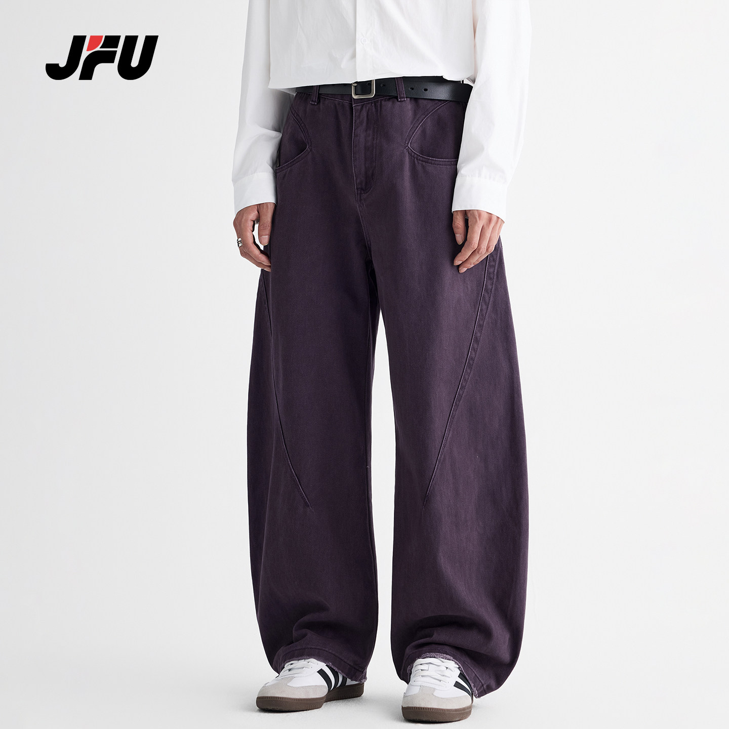 JFU潮牌 秋季美式复古紫色水洗宽松弯刀牛仔裤男款阔腿休闲长裤子