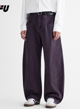 JFU潮牌 秋季美式复古紫色水洗宽松弯刀牛仔裤男款阔腿休闲长裤子