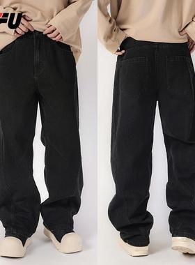 JFU秋冬美式黑色重磅休闲弯刀牛仔裤男宽松阔腿百搭直筒长裤