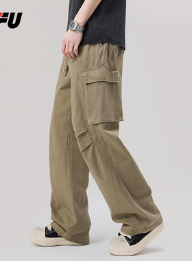 JFU2025春季水洗做旧vintage复古压褶伞兵裤宽松直筒大口袋工装裤