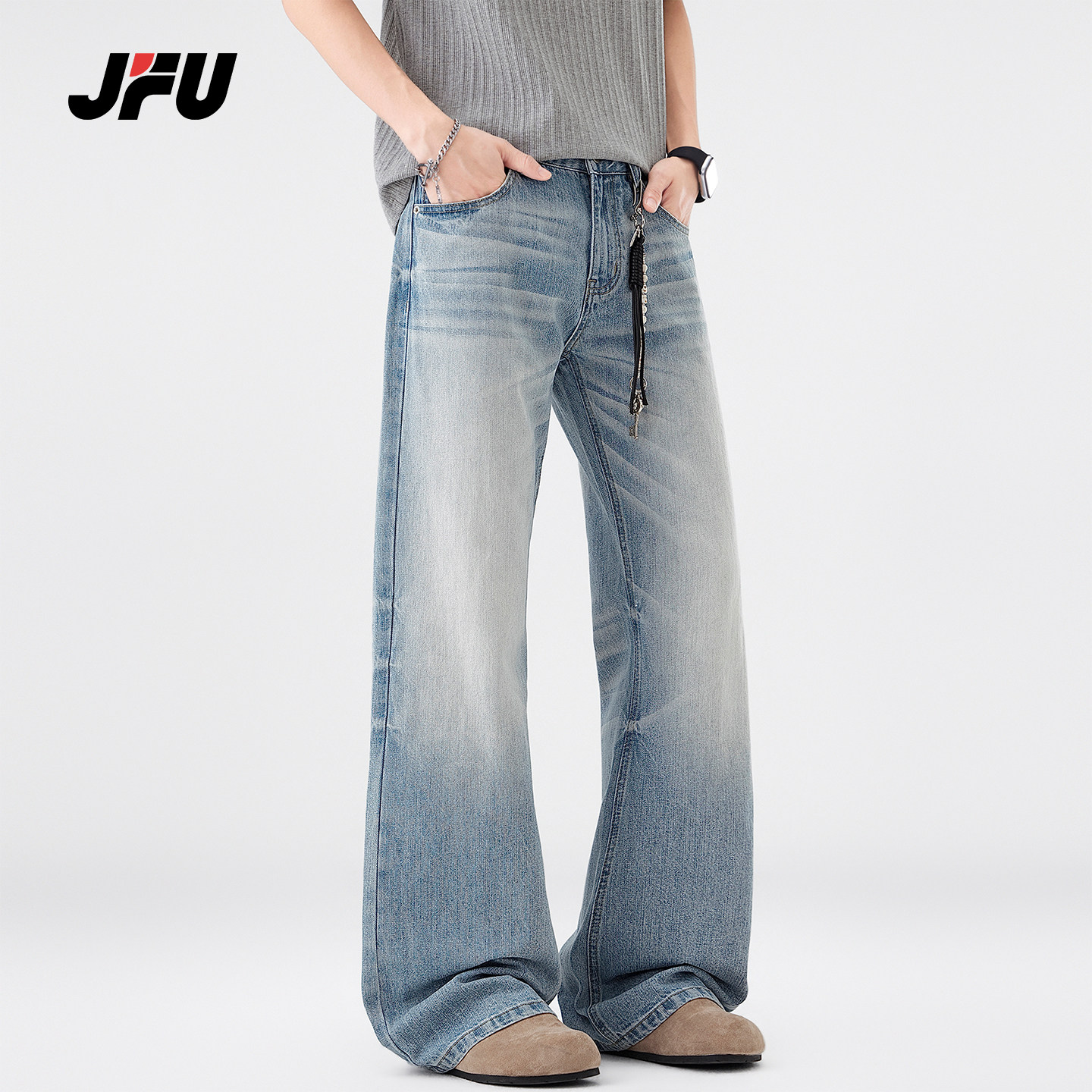 JFU潮牌 春夏新款美式复古水洗阔腿微喇牛仔裤男宽松直筒休闲长裤