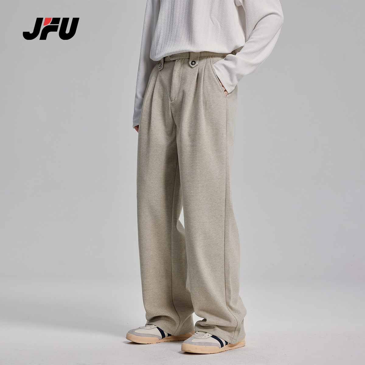 JFU秋冬日系复古毛呢直筒休闲裤男宽松阔腿垂感设计百搭西装长裤