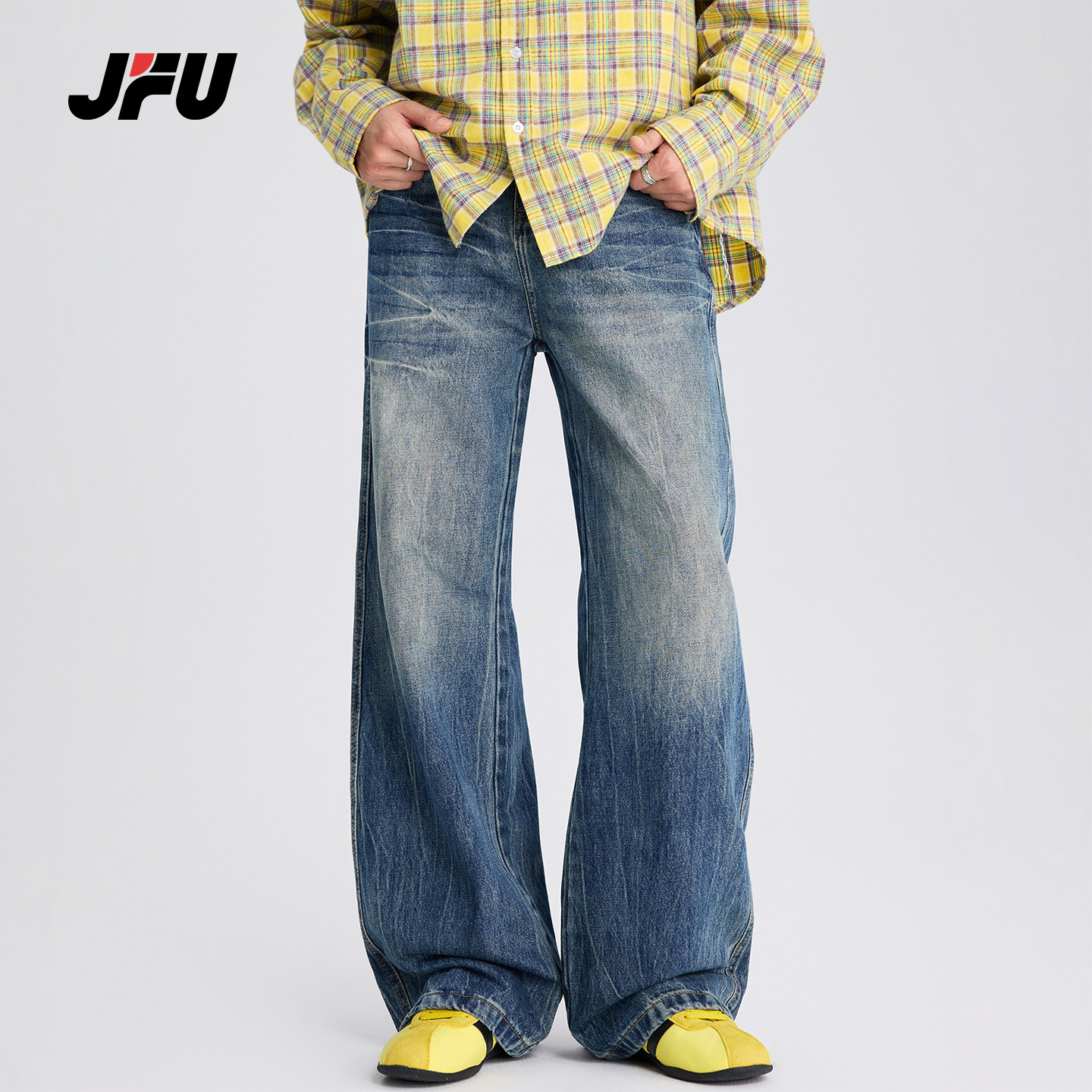 JFU潮牌 秋冬新款美式复古宽松阔腿牛仔裤男款垂感休闲直筒长裤