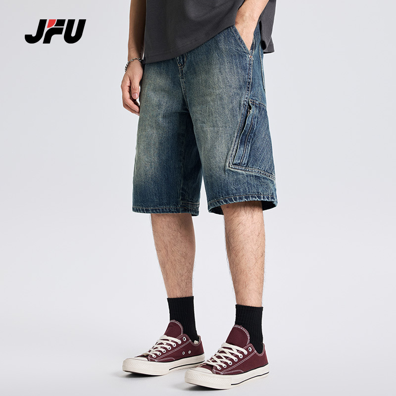 JFU夏季新款美式复古水洗牛仔短裤男款宽松直筒休闲工装