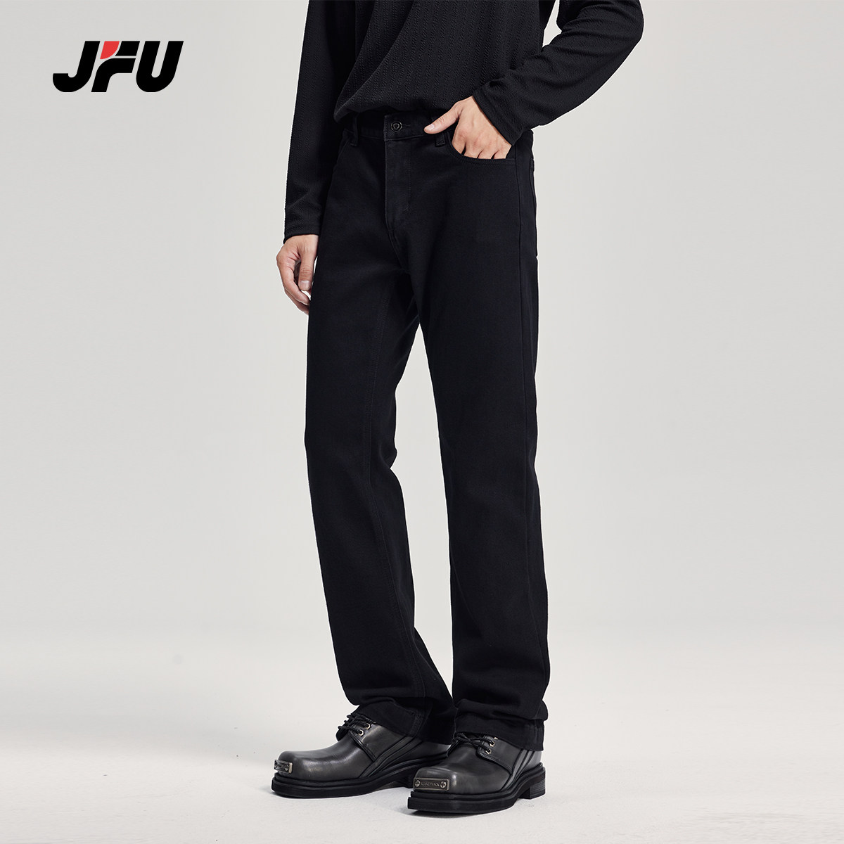 JFU春秋款美式高街黑色直筒牛仔裤男生ins潮宽松休闲微喇弹力长裤