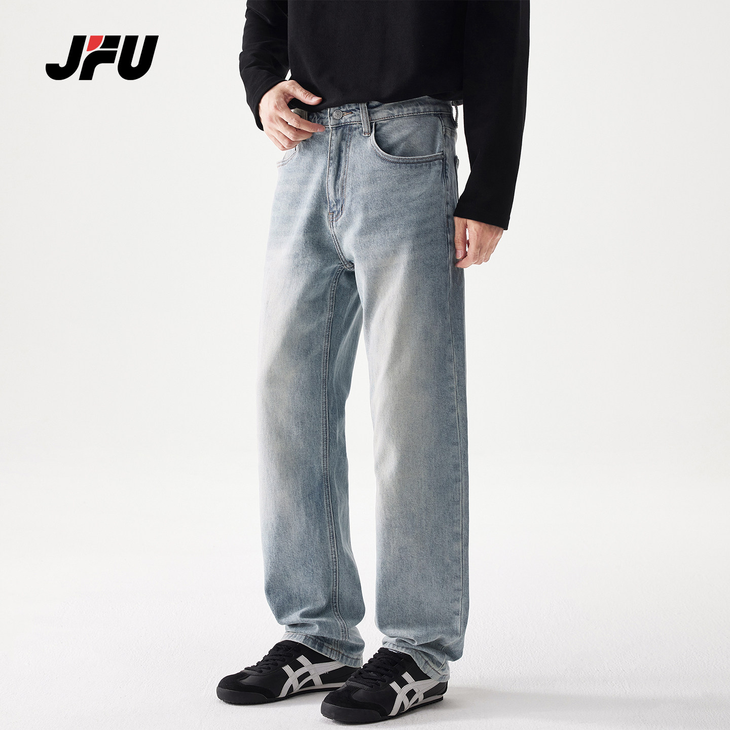 JFU潮牌美式复古做旧阔腿牛仔裤图片