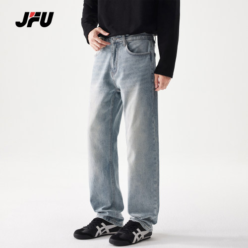 JFU潮牌美式复古做旧阔腿牛仔裤