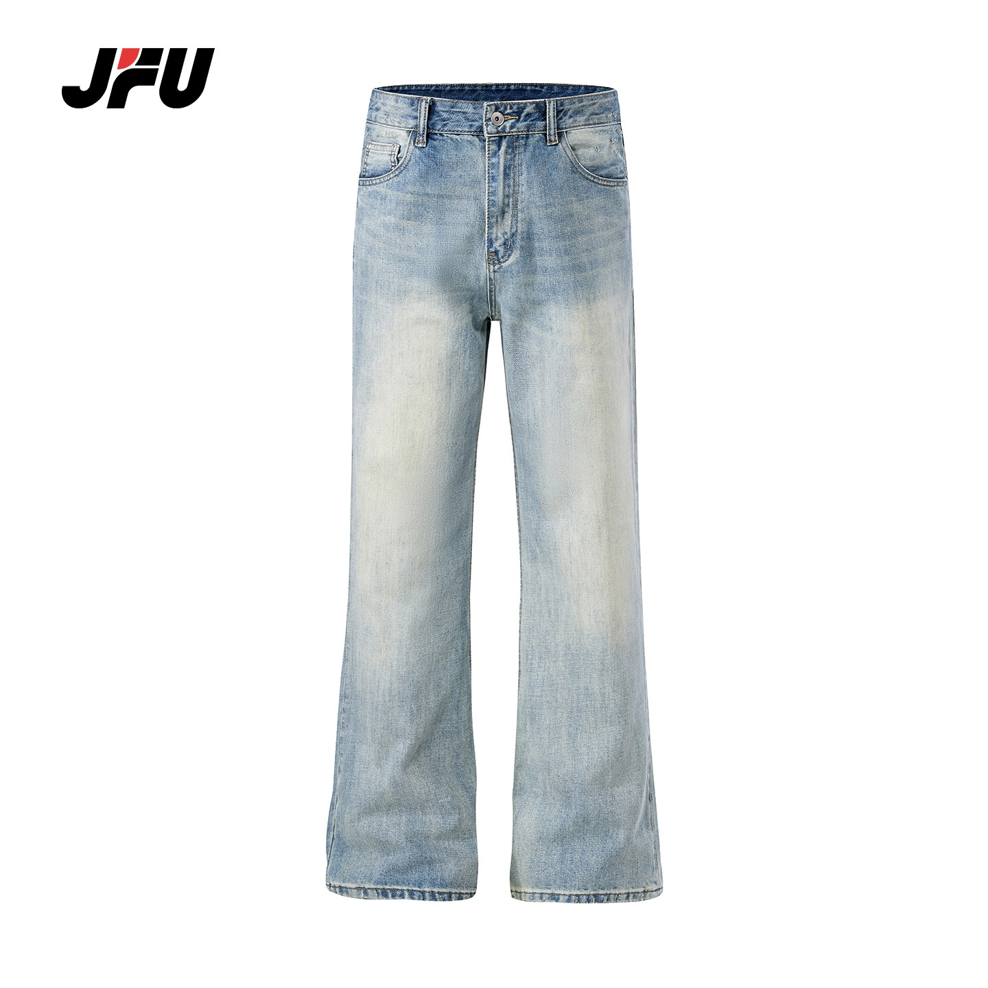 JFU潮牌 夏季美式复古水洗做旧直筒微喇牛仔裤男宽松显瘦休闲长裤