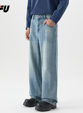 JFU潮牌 春季新款美式复古水洗直筒牛仔裤男宽松阔腿百搭休闲长裤