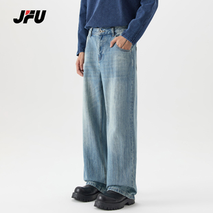 JFU潮牌 春季新款美式复古水洗直筒牛仔裤男宽松阔腿百搭休闲长裤