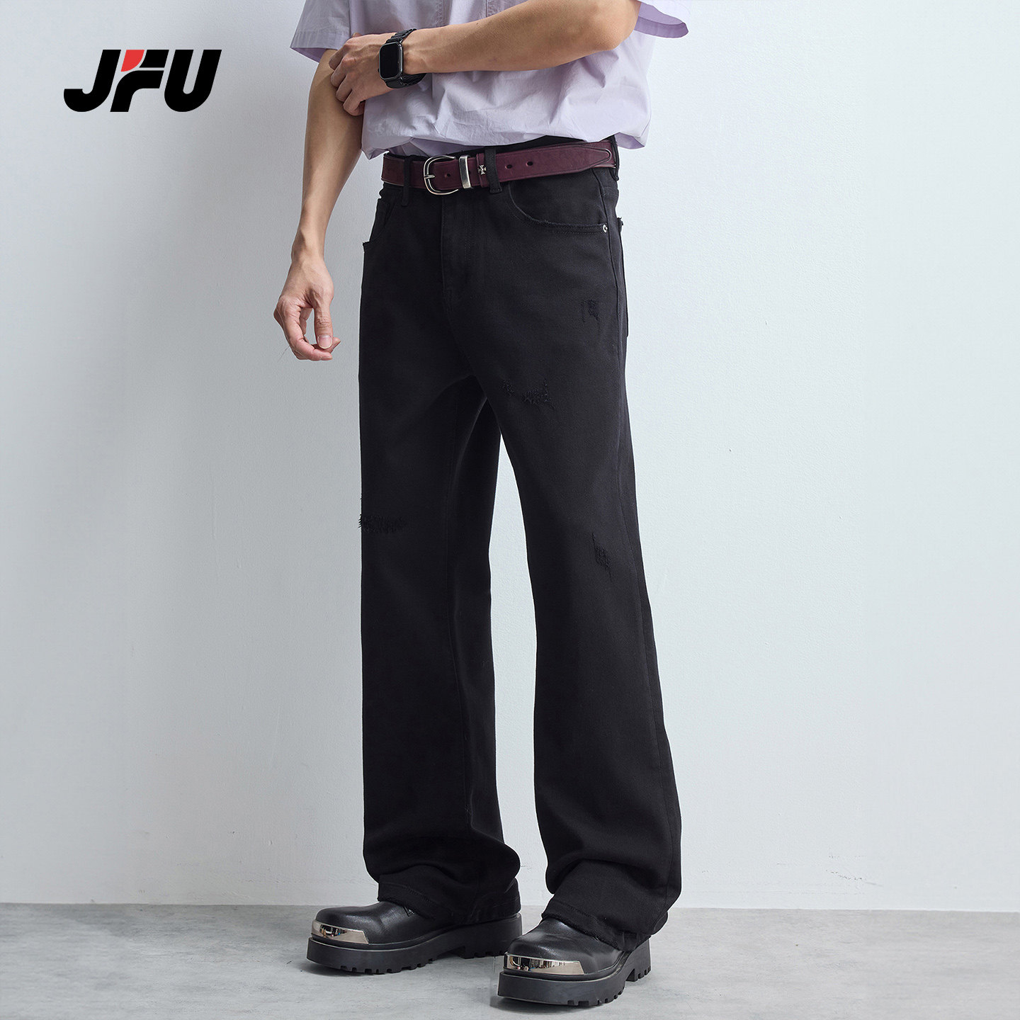 JFU潮牌 美式复古中腰水洗破洞微喇牛仔裤男宽松直筒阔腿休闲长裤