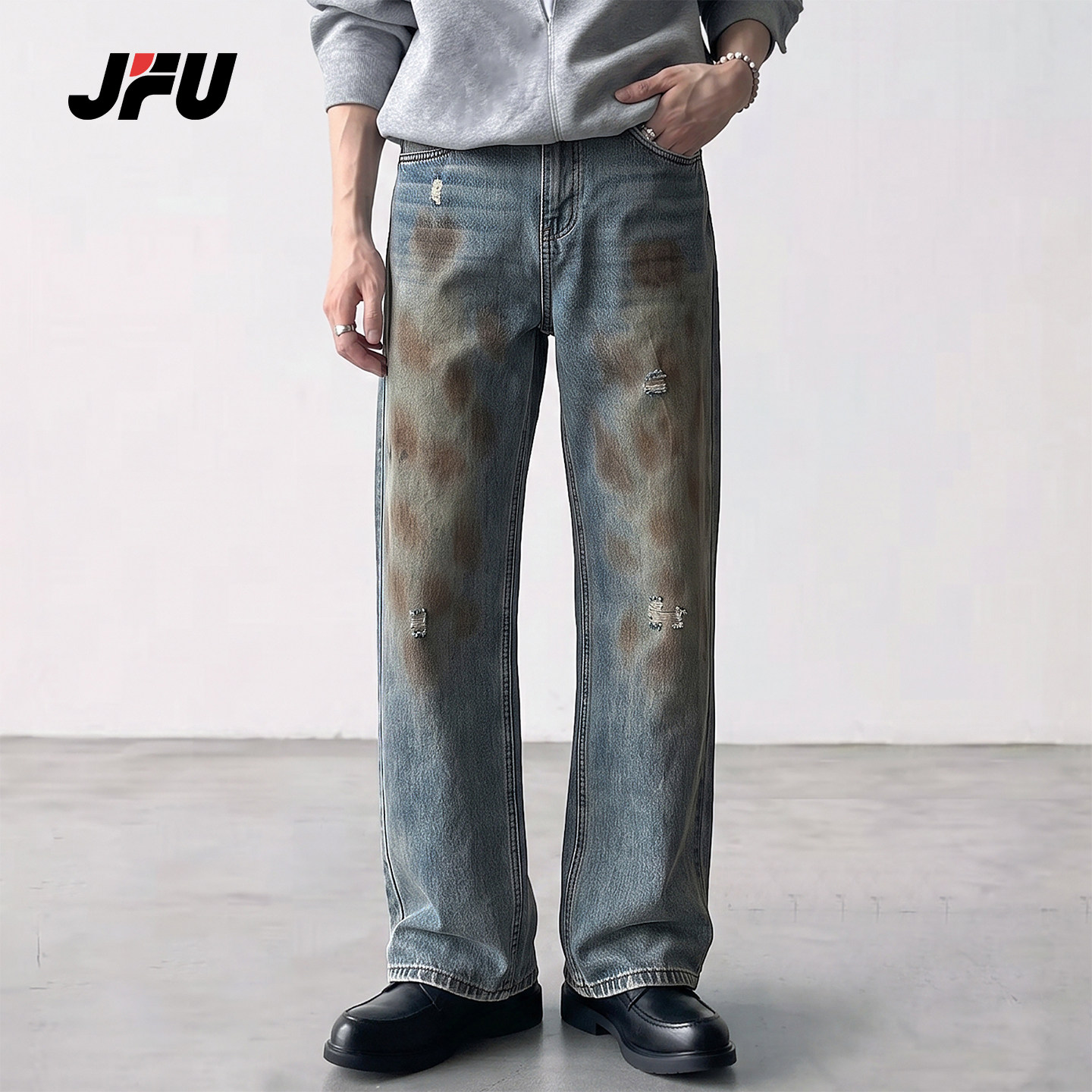 JFU潮牌复古废土破洞牛仔裤男