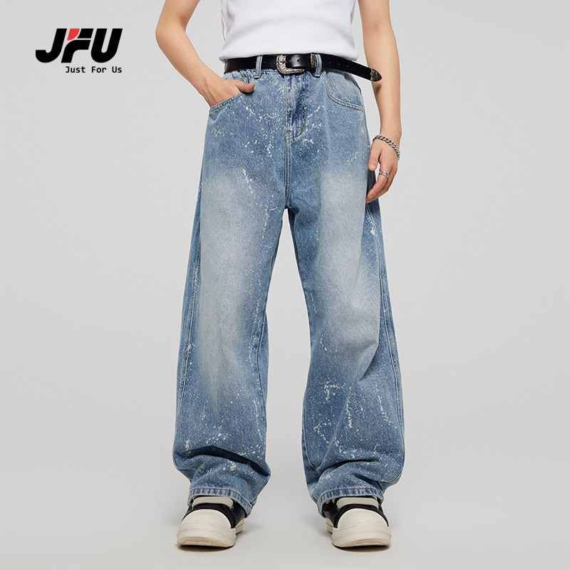 JFU 美式阔腿油漆牛仔裤男款百搭潮牌蓝色ins长裤子男生宽松直筒