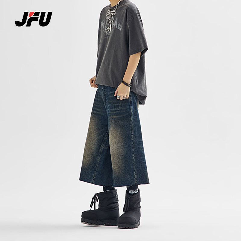 JFU夏季新款美式复古牛仔七分裤