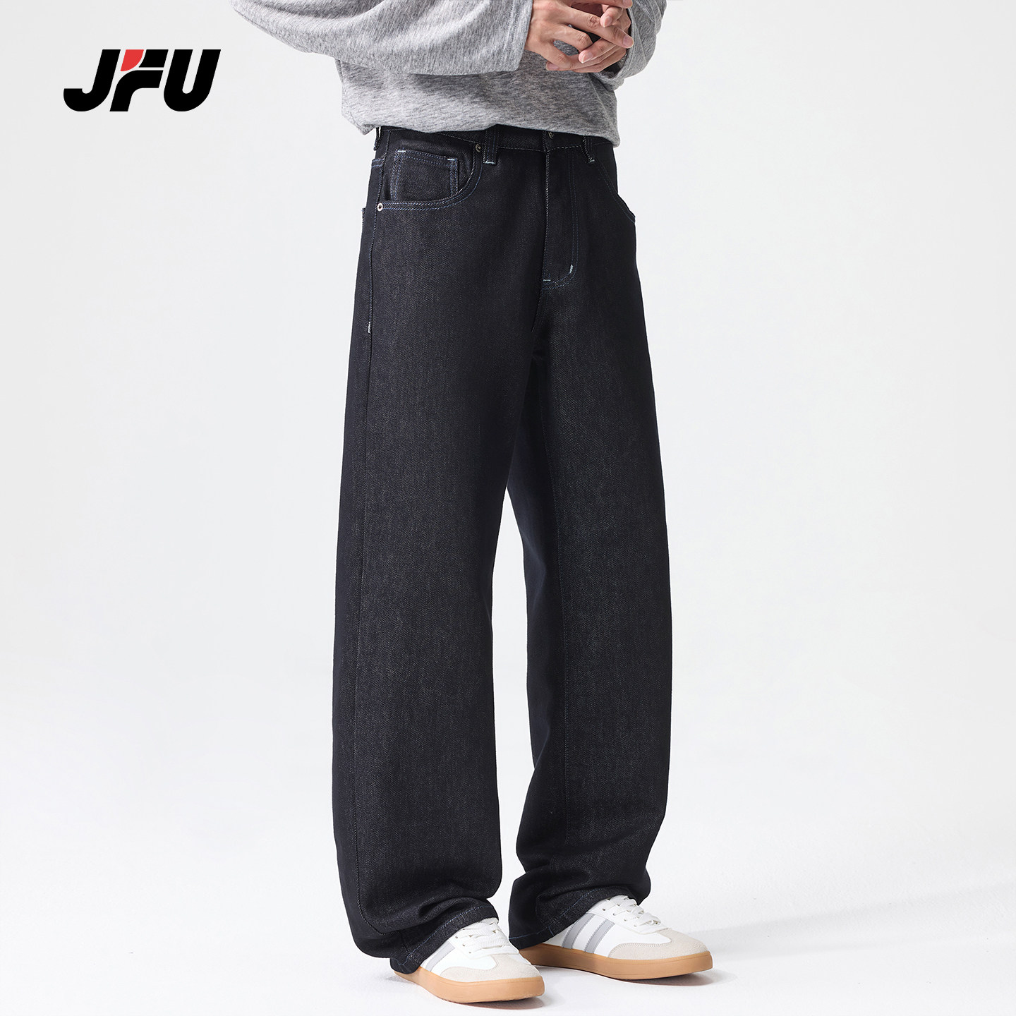 JFU潮牌男士复古宽松直筒牛仔裤图片