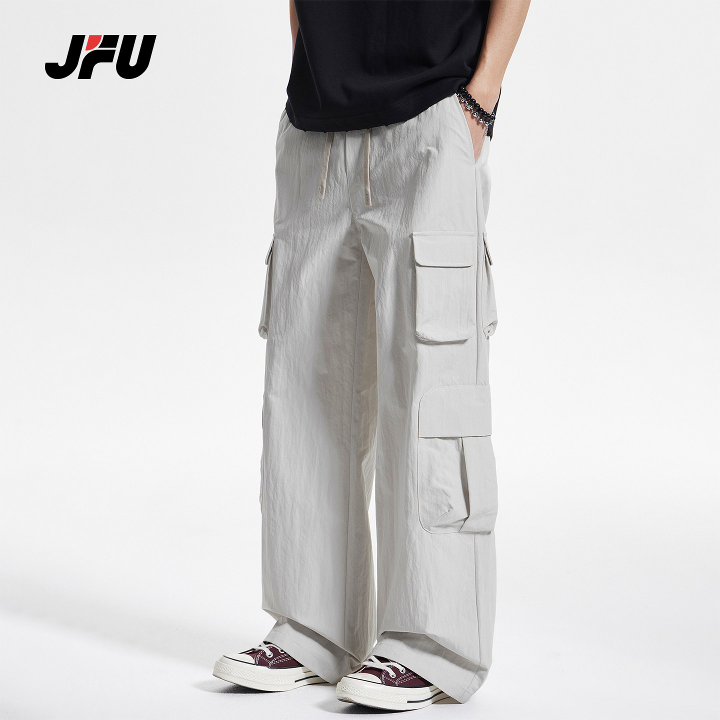 JFU潮牌 夏季美式复古工装风多口袋休闲裤男百搭宽松直筒阔腿长裤