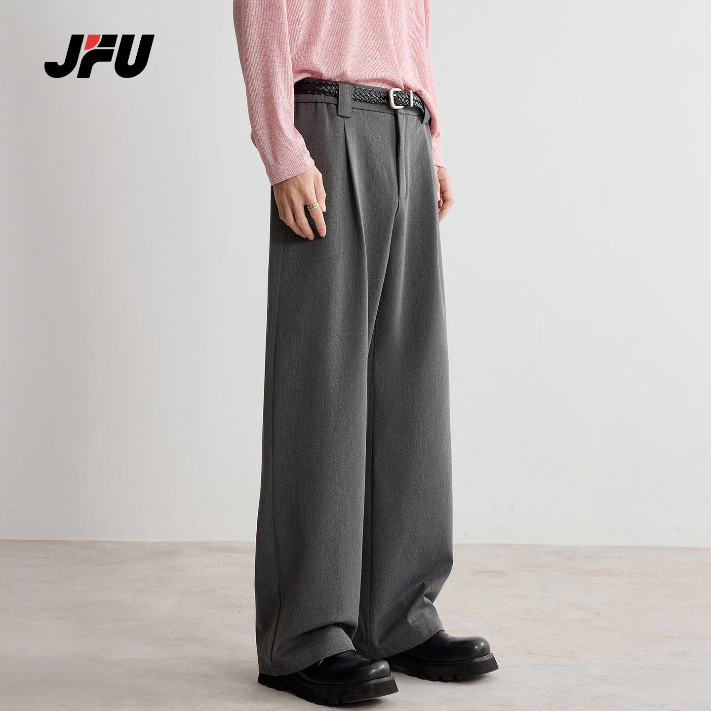 JFU潮牌 春季新款美式松紧腰休闲裤男高腰宽松直筒垂感西装长裤