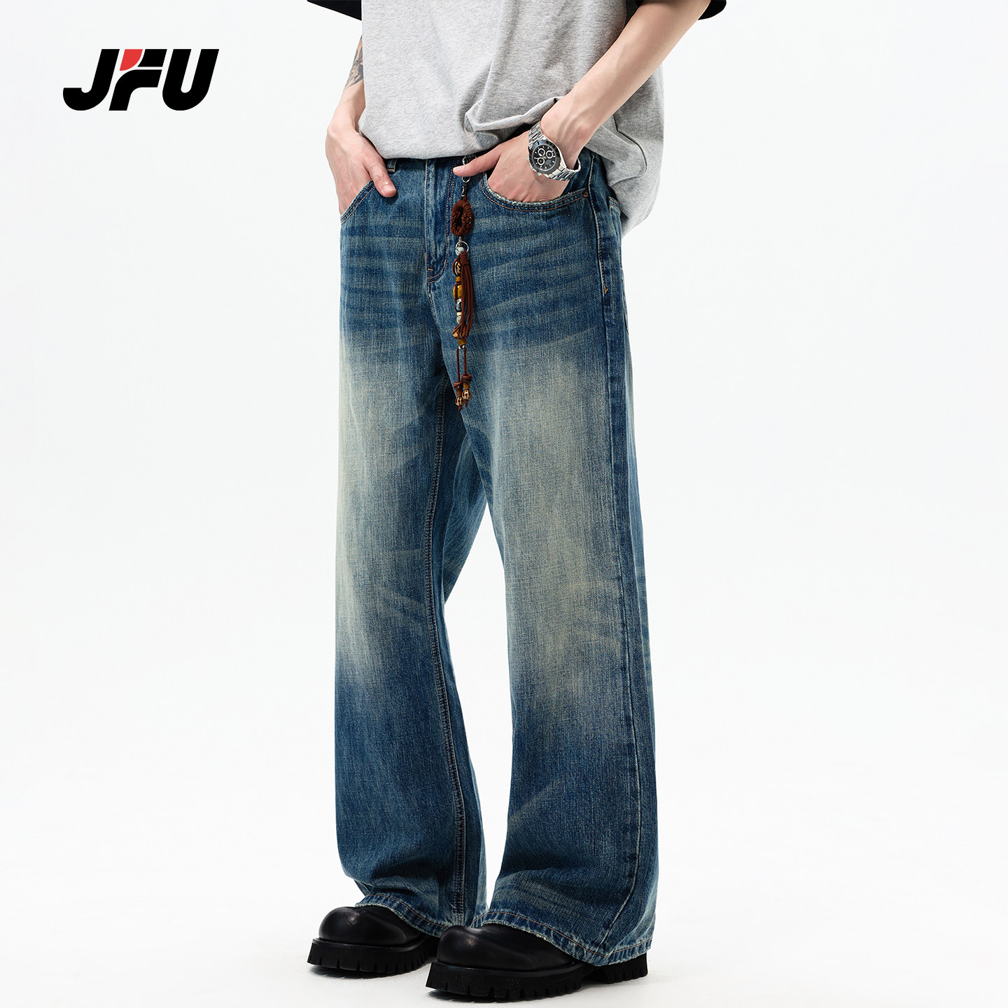 JFU潮牌 2026春季美式复古水洗磨白牛仔裤男时尚宽松直筒休闲裤