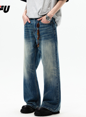 JFU潮牌 春季新款美式复古水洗磨白牛仔裤男时尚宽松直筒休闲长裤