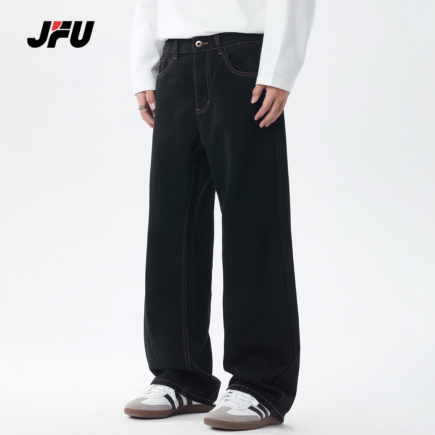 JFU潮牌 秋冬季美式复古极简风黑色直筒牛仔裤男宽松百搭休闲长裤