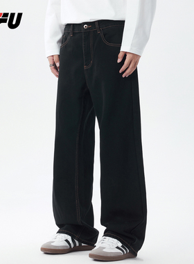 JFU潮牌 秋冬季美式复古极简风黑色直筒牛仔裤男宽松百搭休闲长裤