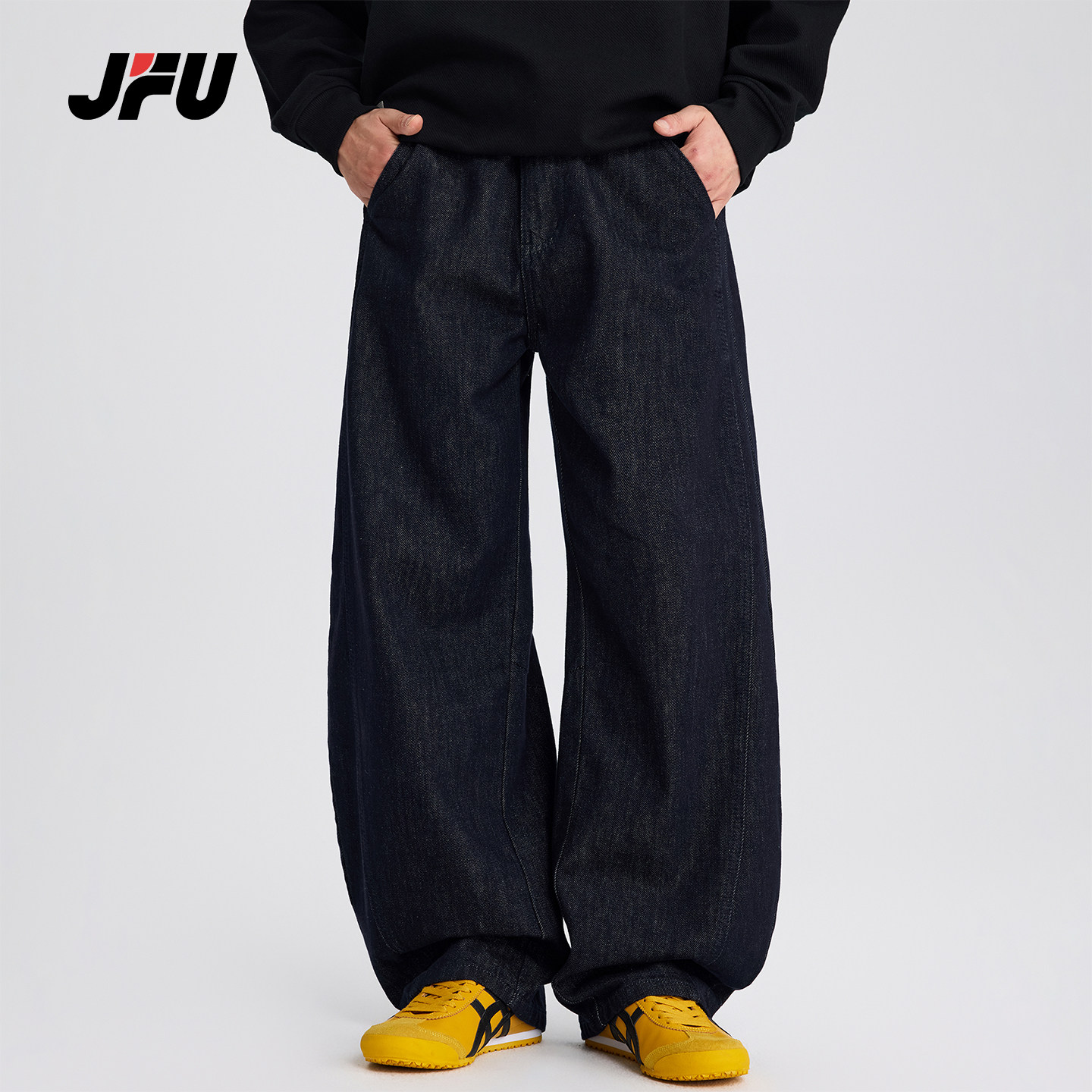 JFU潮牌 秋冬新款美式复古宽松阔腿弯刀牛仔裤男款垂感休闲长裤