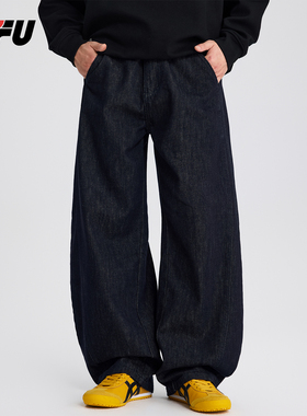 JFU潮牌 秋冬新款美式复古宽松阔腿弯刀牛仔裤男款垂感休闲长裤