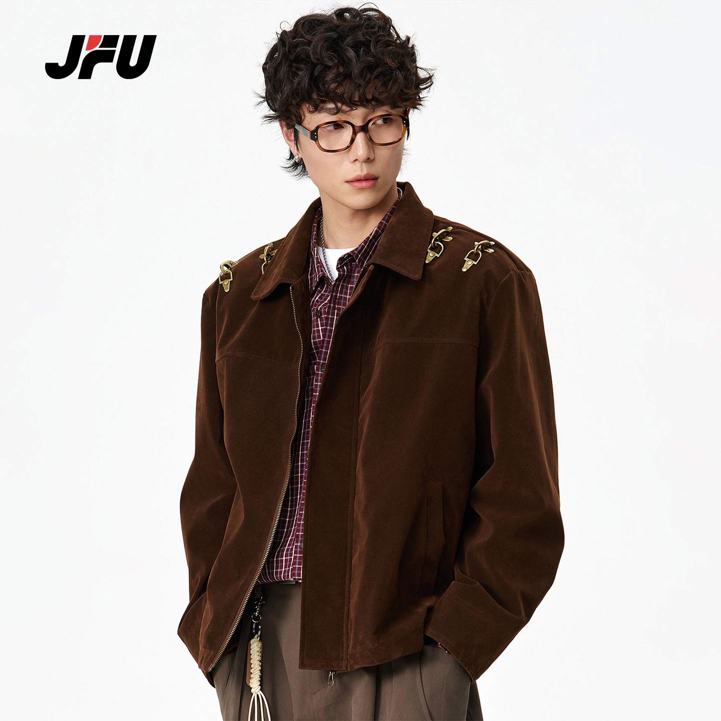 JFU潮牌 春季新款美式复古翻领夹克男金属扣装饰百搭工装长袖外套,男装,夹克,淘宝优惠券,粉丝福利购,淘宝优惠卷