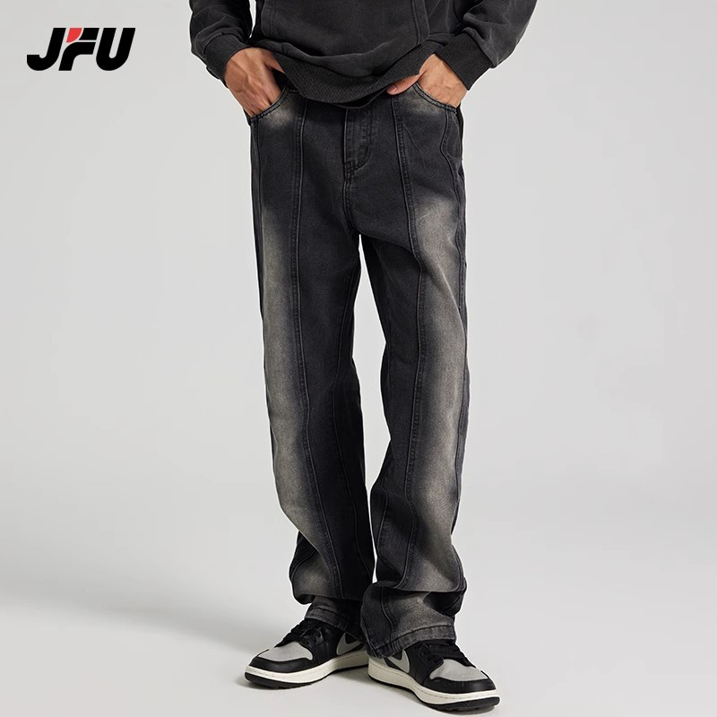 JFU 黑色复古做旧牛仔裤男生夏季薄款潮牌设计感长裤子男宽松直筒