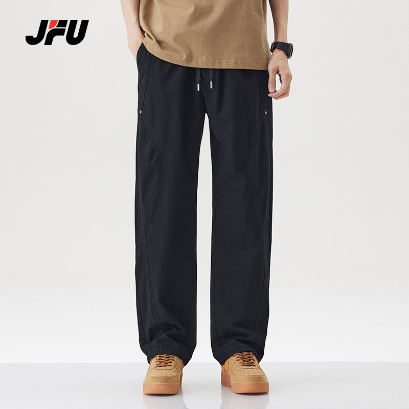 JFU春季新款美式复古直筒休闲裤男款宽松大码松紧腰黑色长裤子