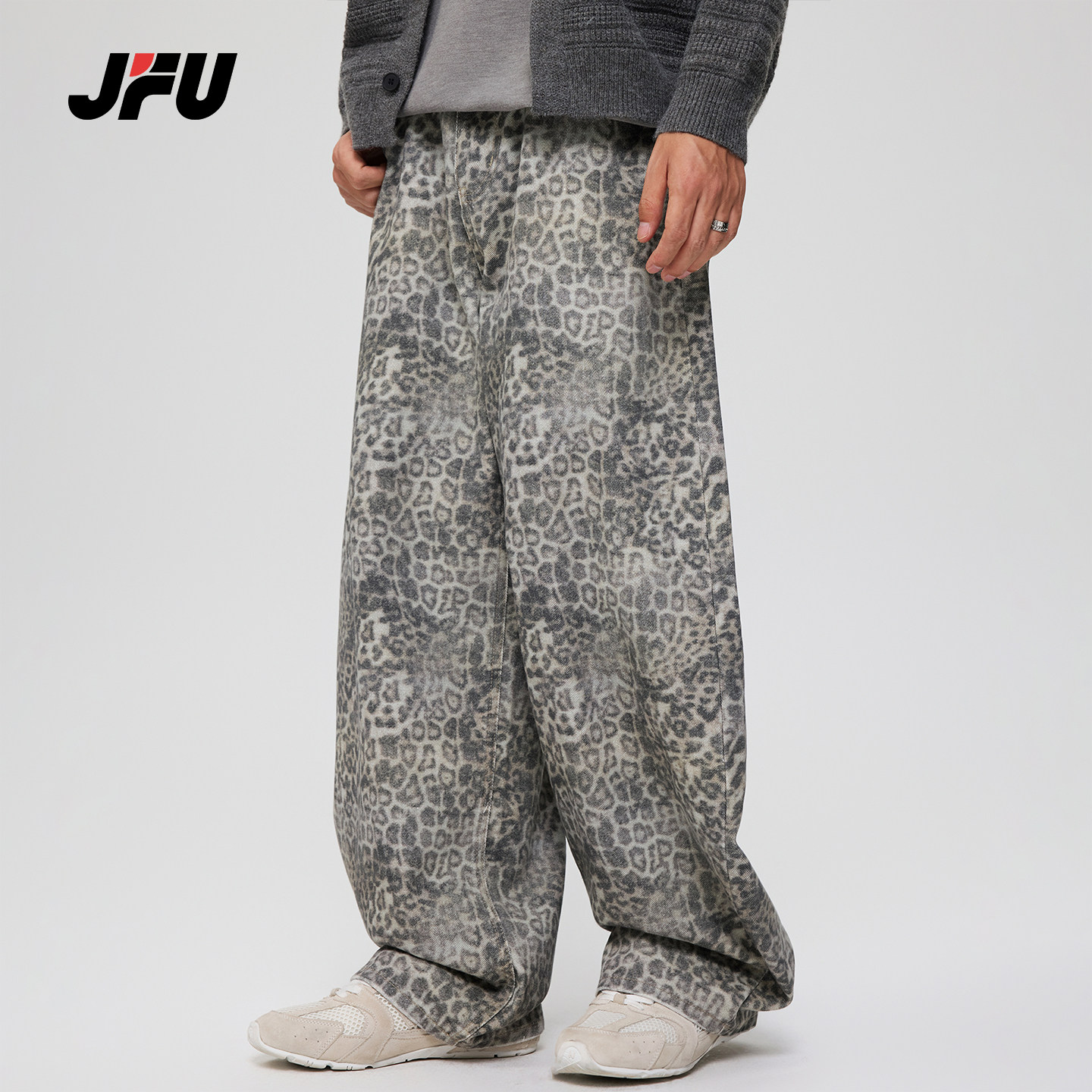 JFU潮牌 秋冬季美式复古宽松豹纹休闲裤男款高级感阔腿拖地长裤子