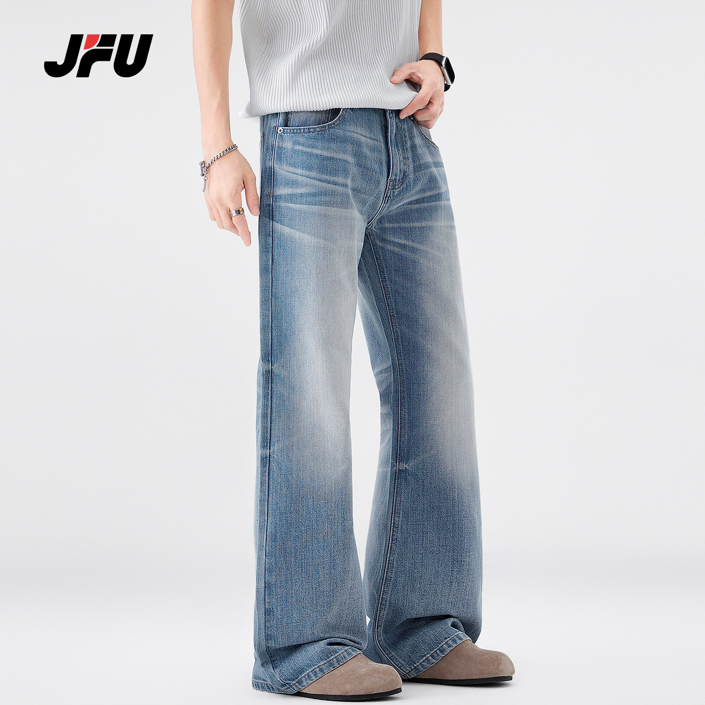 JFU潮牌 春夏新款美式复古微喇牛仔裤男宽松直筒水洗长裤休闲裤子