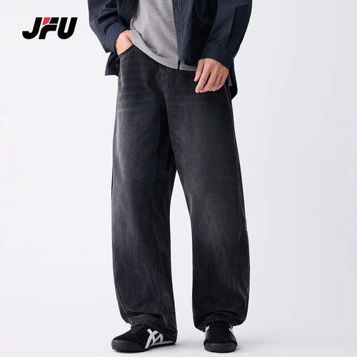 JFU潮牌复古做旧阔腿牛仔裤男