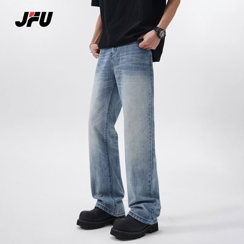 JFU春季新款美式复古水洗直筒休闲牛仔裤男款宽松拖地垂感长裤子