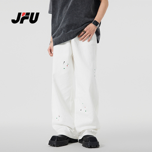 JFU 美式高街白色牛仔裤男款秋冬款宽松直筒泼墨百搭阔腿裤子男